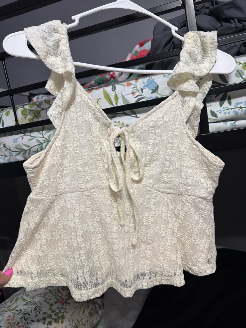 SHEIN Cream Lace Ruffle Tie-Front Peplum Tank Top